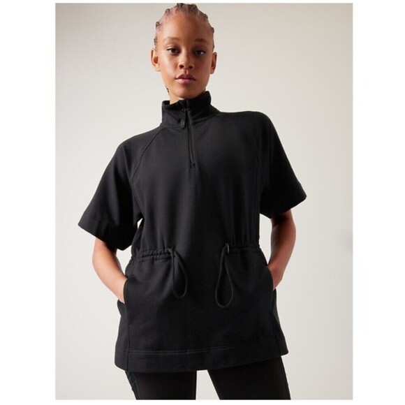 Athleta Allyson Felix Zip Cinch Waist Pullover Sweatshirt Top Fleece Black Med - Picture 1 of 8
